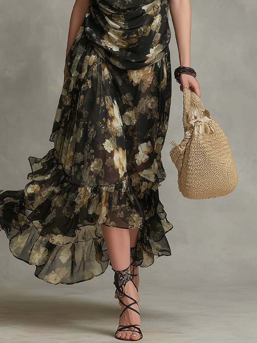 Bohemian Vintage Floral Chiffon Maxi Dress
