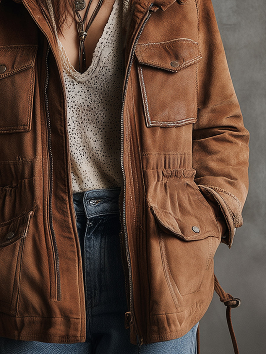 Retro Eco-friendly Suede And Sherpa Patchwork Work Pocket Jacket