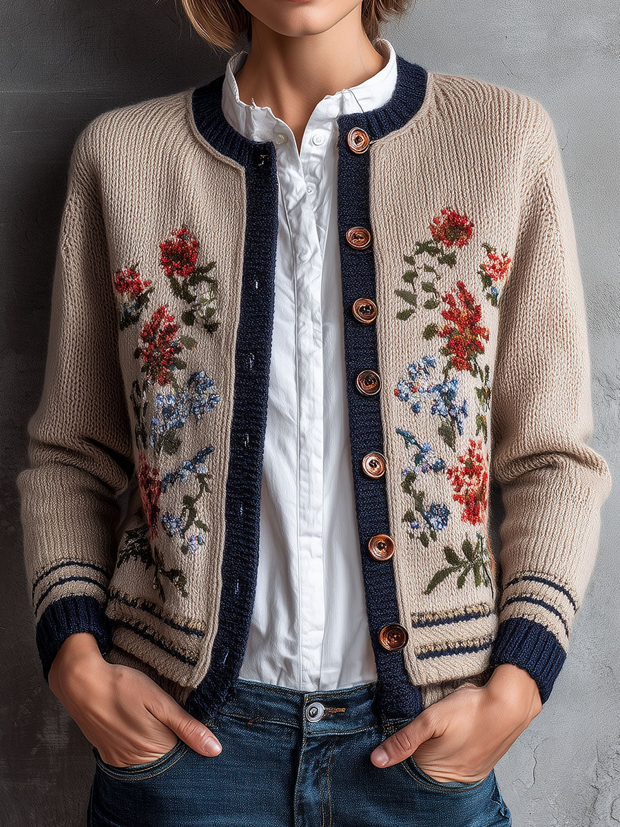 Retro Floral Embroidered Beige Knit Cardigan With Navy Trim