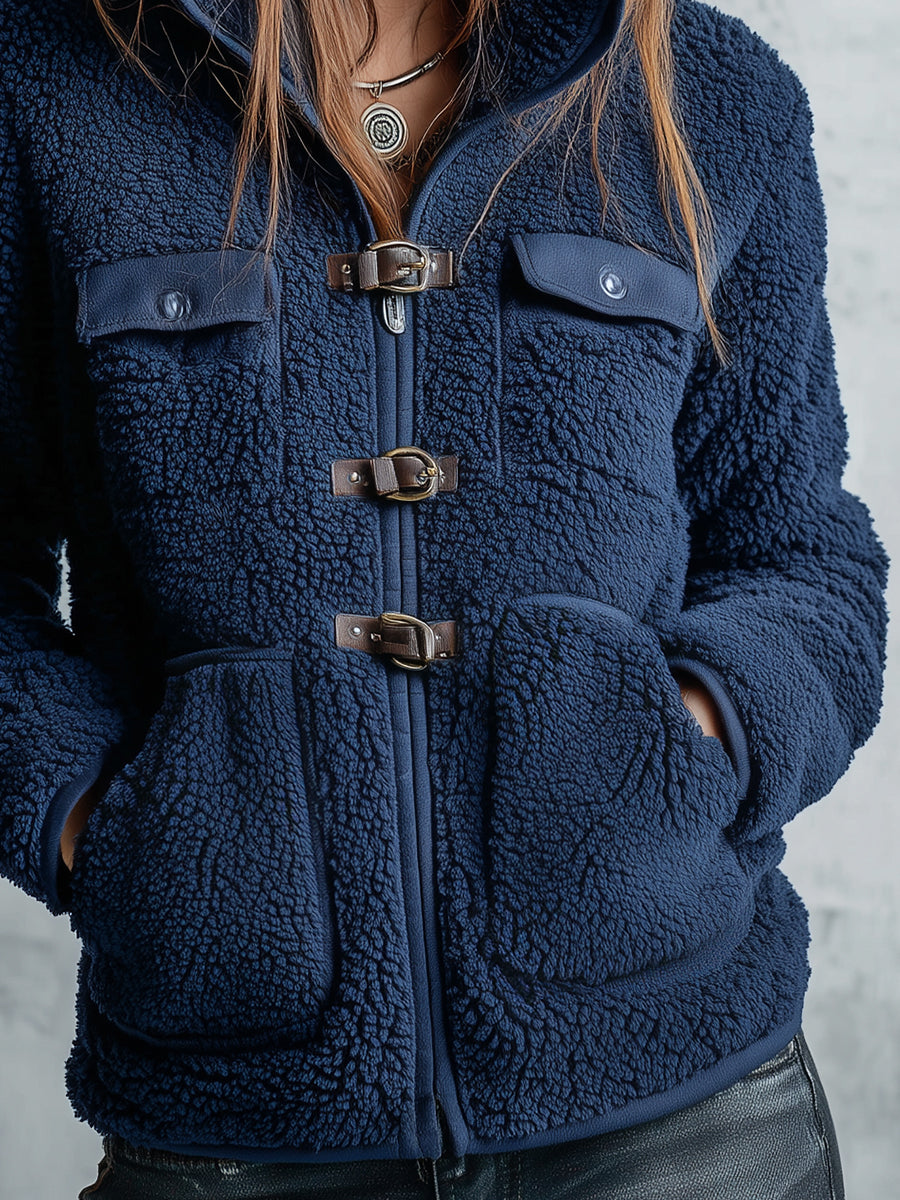 Comfortable Polar Fleece Horn-buttoned Straight Jacket