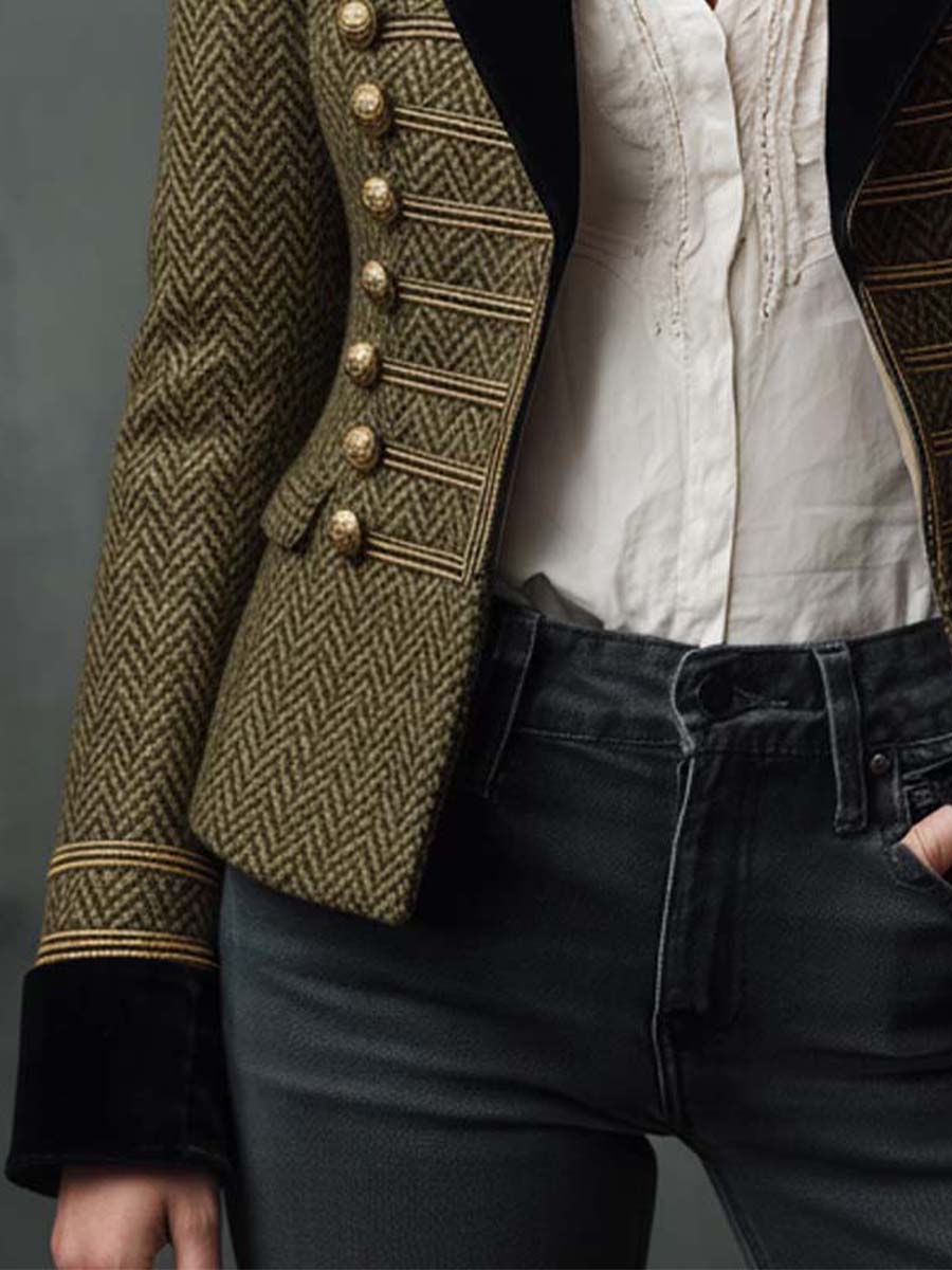 Olive Herringbone Military Blazer With Velvet Trim