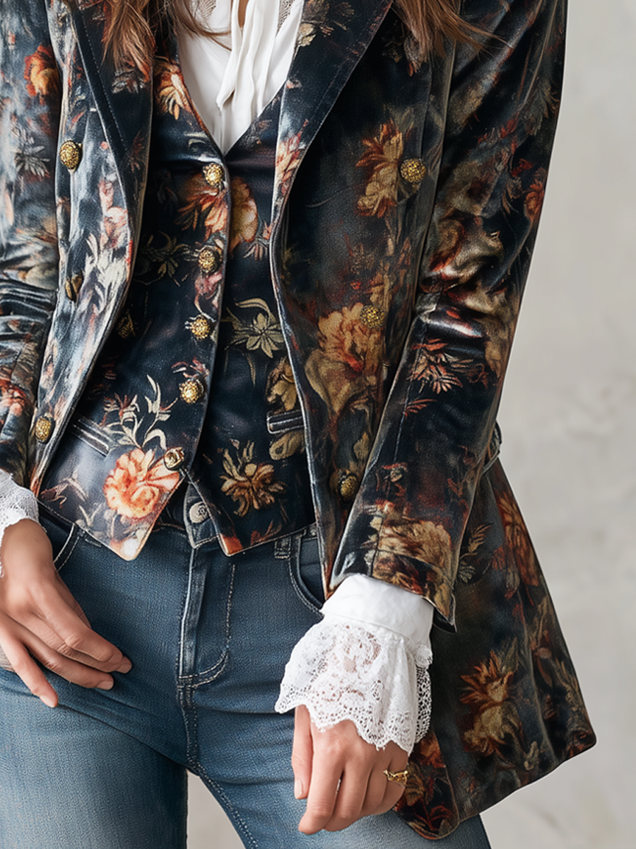 Vintage Floral Print Polyester Velvet Blazer