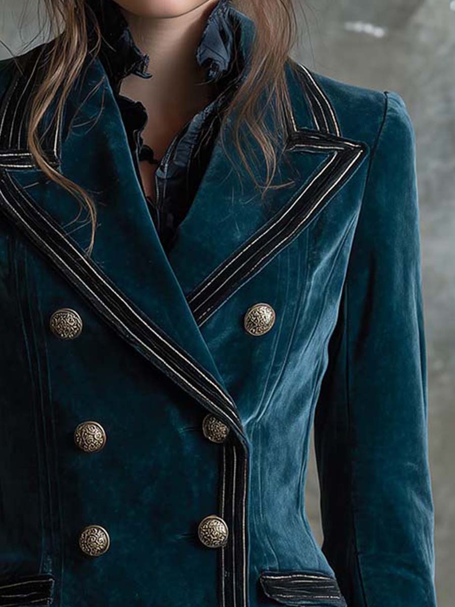 Structured Velvet Military Blazer With Contrast Trim - Dark Teal