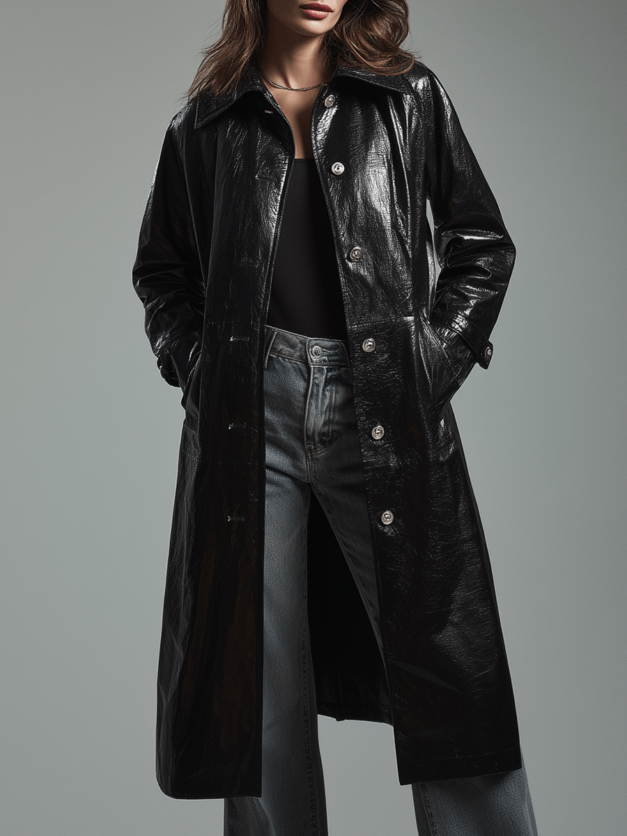 Vintage Sleek Patent Black Statement Coat