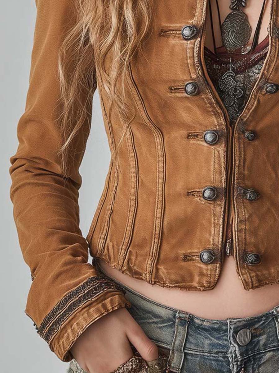 Bohemian Style Practical Washed Double-breasted Short Jacket