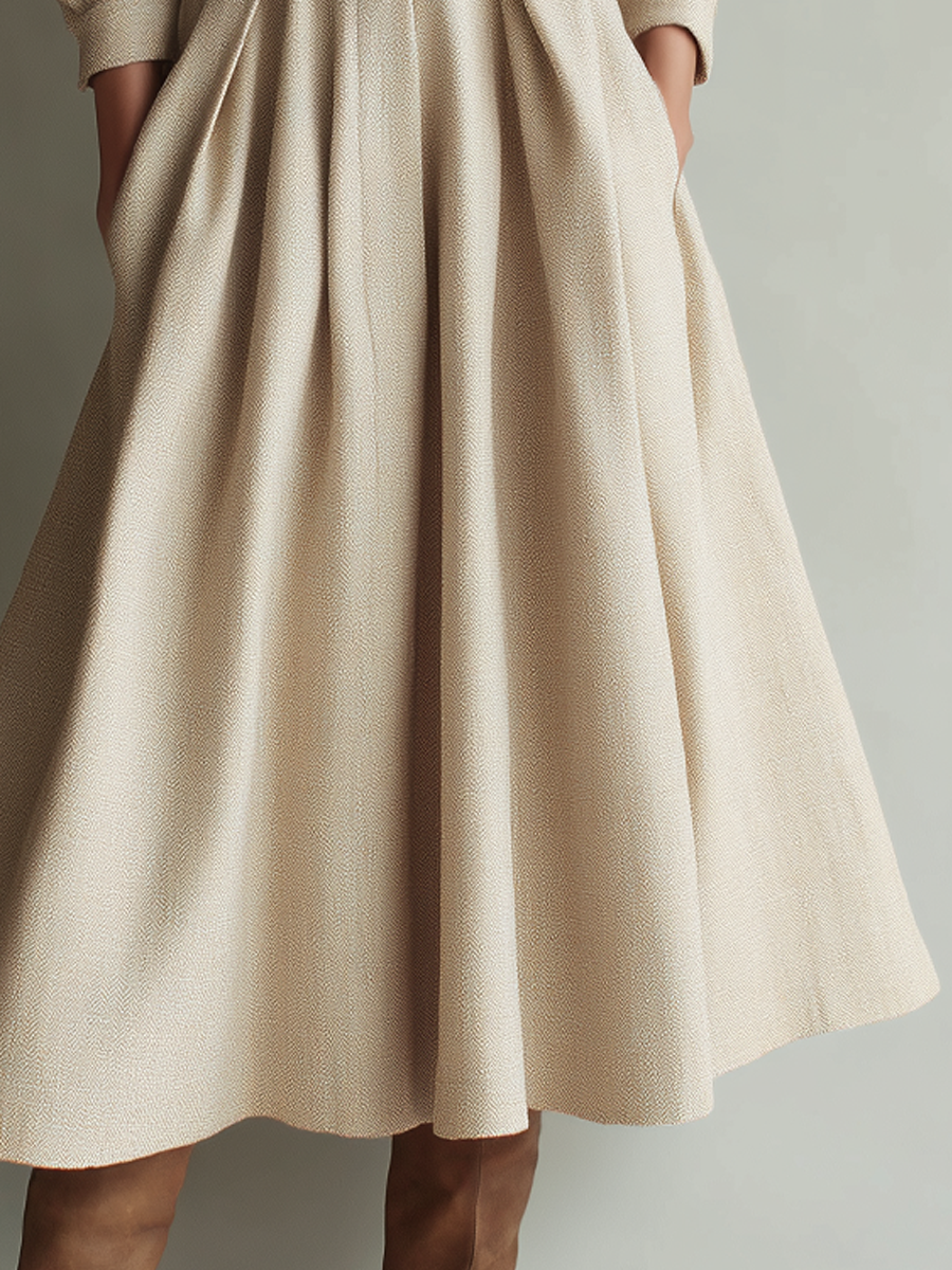 Vintage Tweed Button Square Neck Long Sleeve Midi Dress