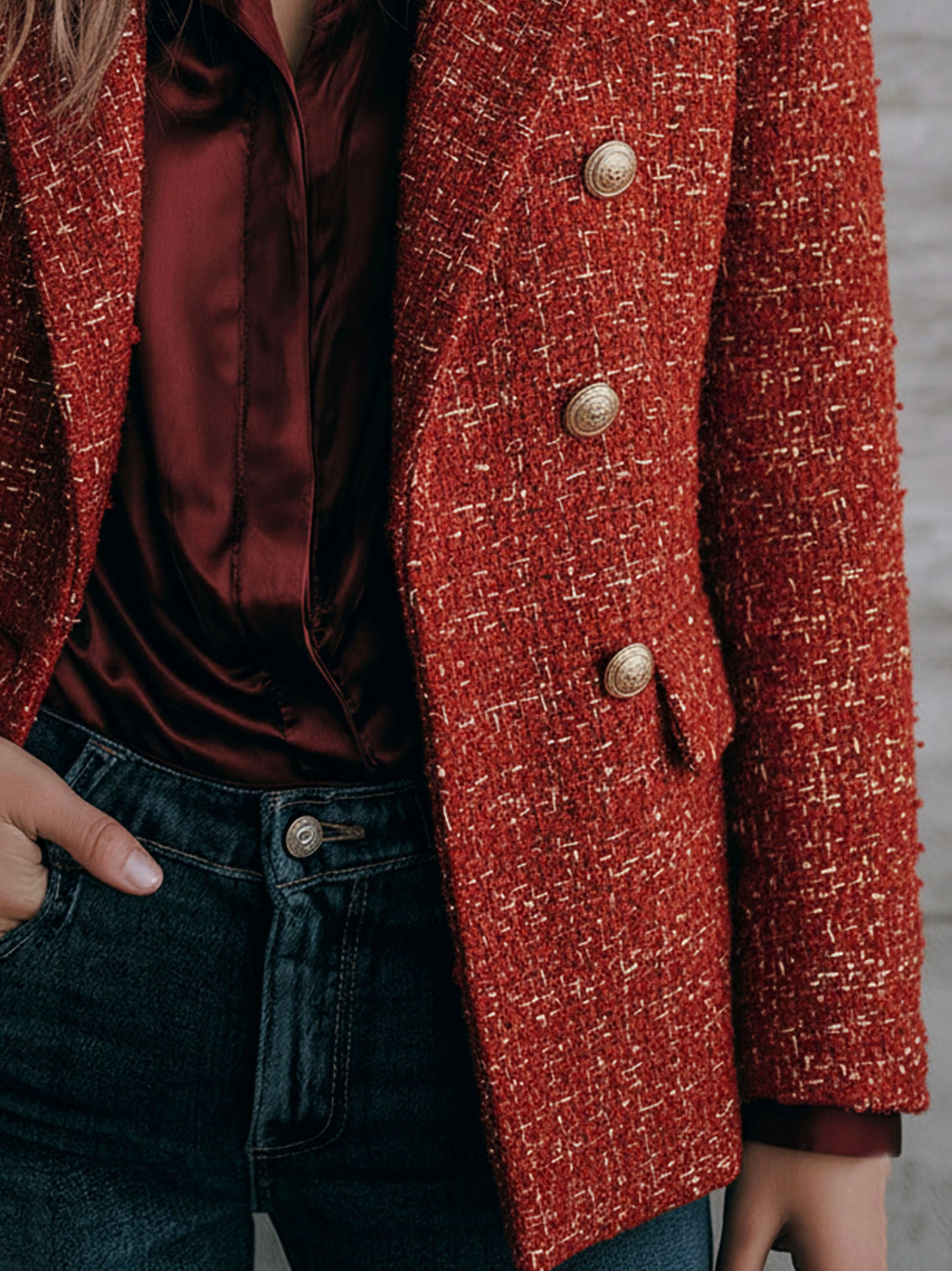 Elegant Red Double-Breasted Gold Button Tweed Blazer