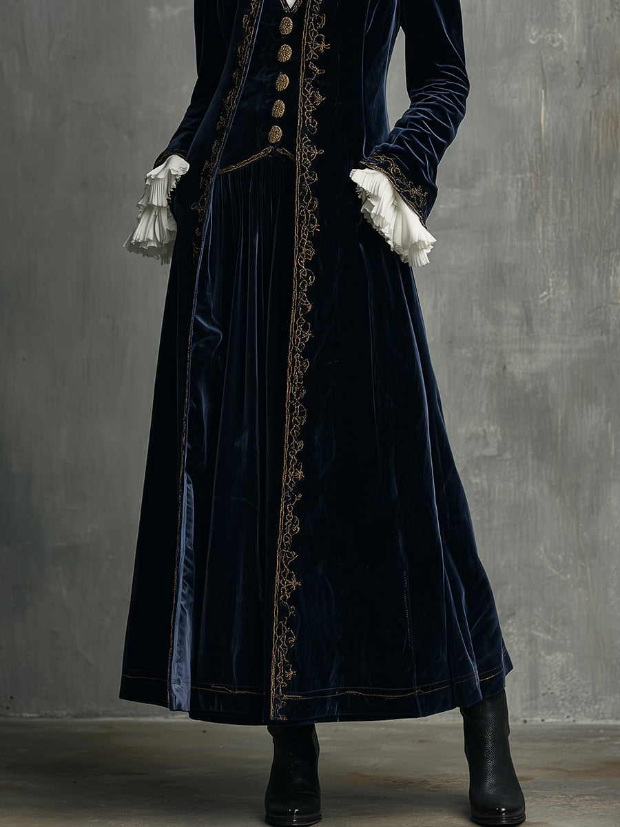 Retro Luxury Polyester Velvet Embroidered A-line Mid-length Coat