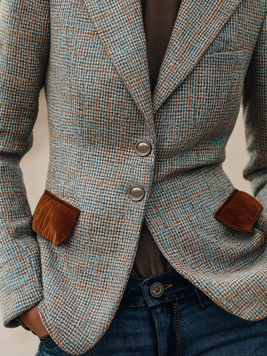 Vintage Plaid Tweed Blazer With Brown Velvet Collar And Pockets