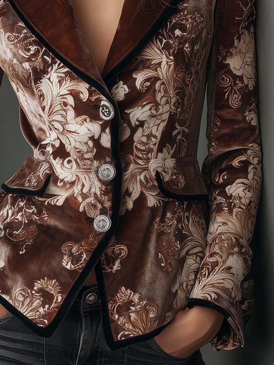 Mocha Cream Baroque Print Polyester Velvet Blazer