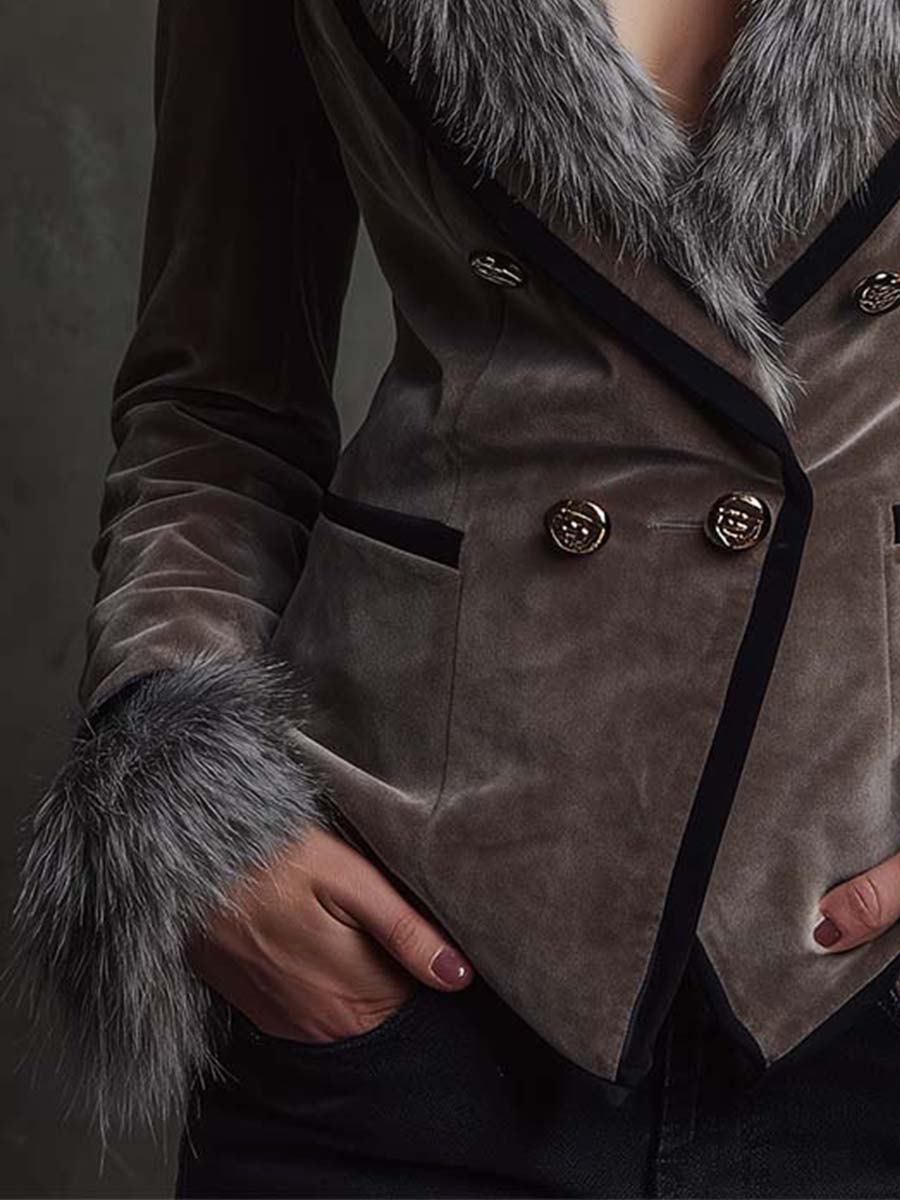 Polyester Velvet Double-Breasted Blazer With Faux Fur Collar & Cuffs