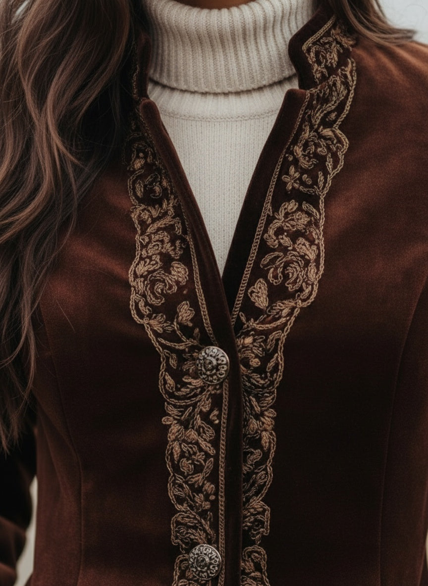 Rich Velvet Embroidered Long Coat