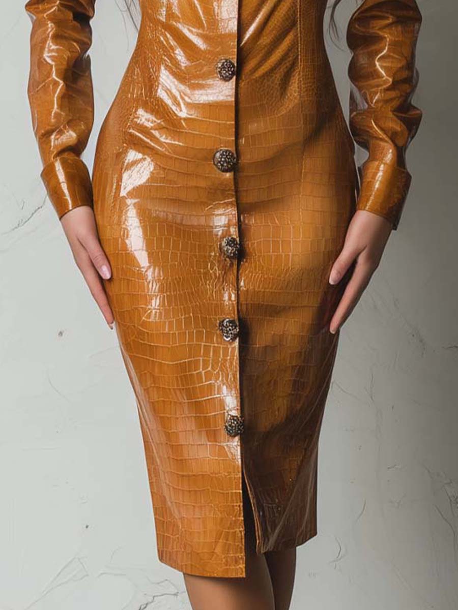Retro Modern Caramel Eco-Croco Embossed Leather Shirt Dress