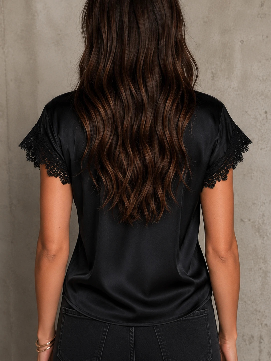 Romantic Black Lace-Trim Silk-Feel Blouse