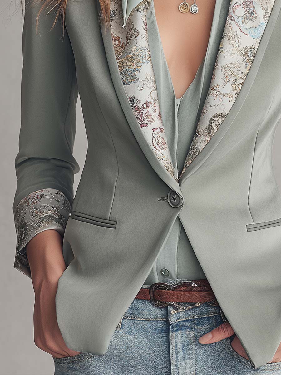 Satin-Trim Printed Lapel Tailored Blazer