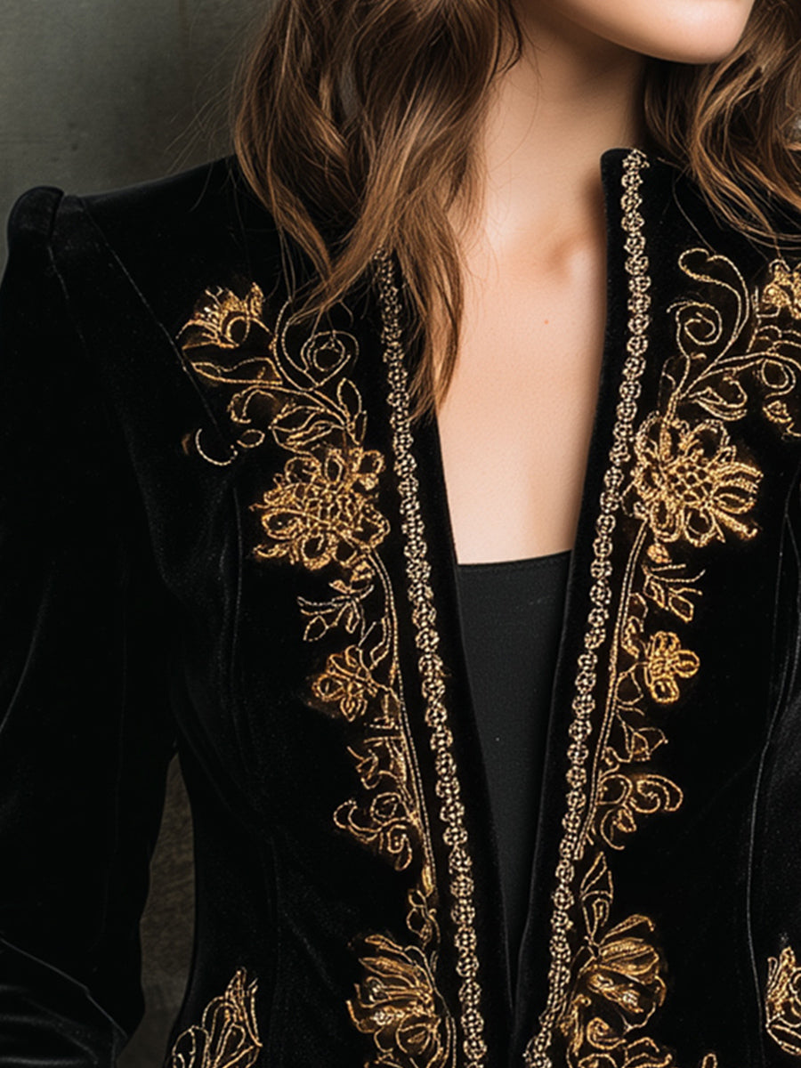 Luxury Baroque Gold Embroidered Velvet Blazer