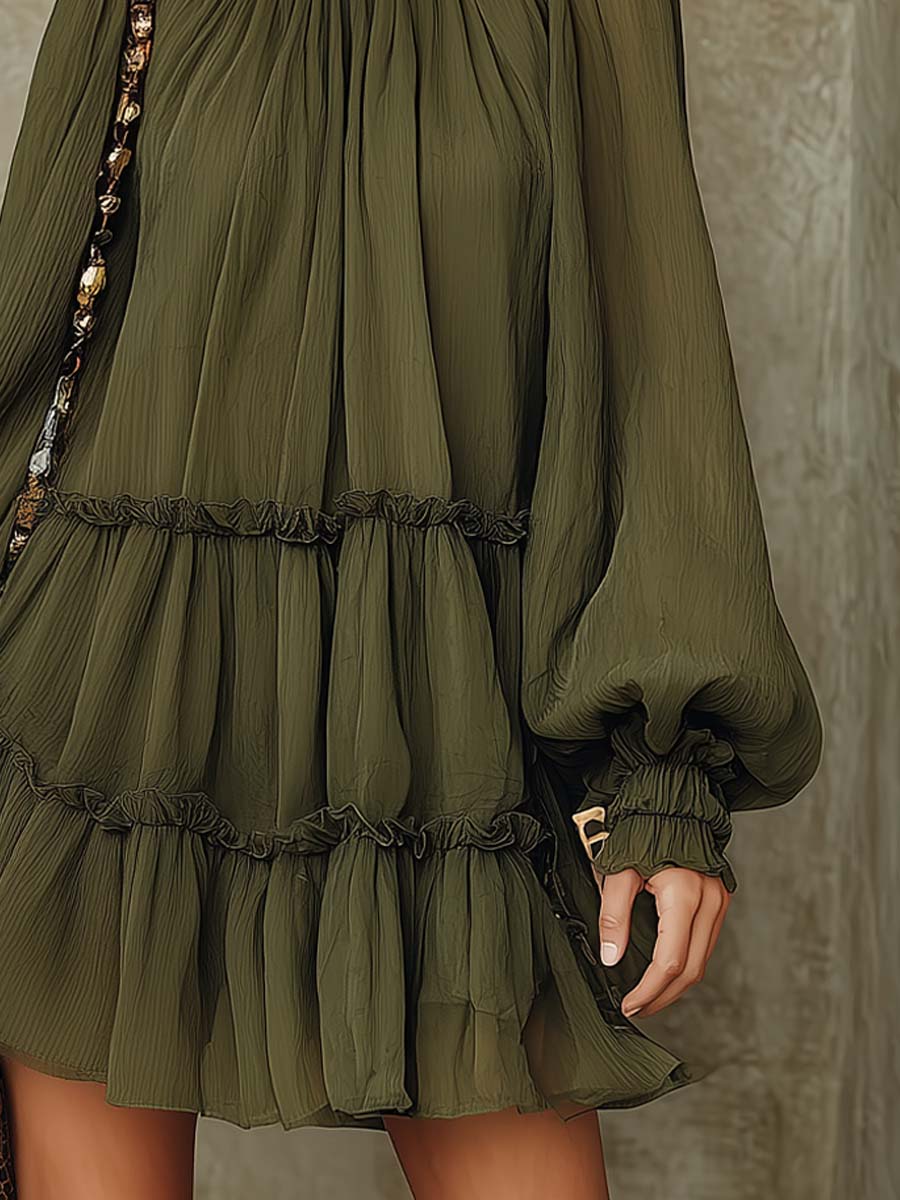 Retro High-neck Ruffled Hem Chiffon Mini Dress