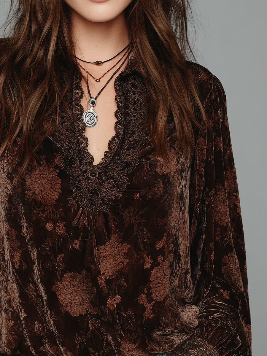 Retro Boho Romantic Floral Velvet Lace-Trim Blouse