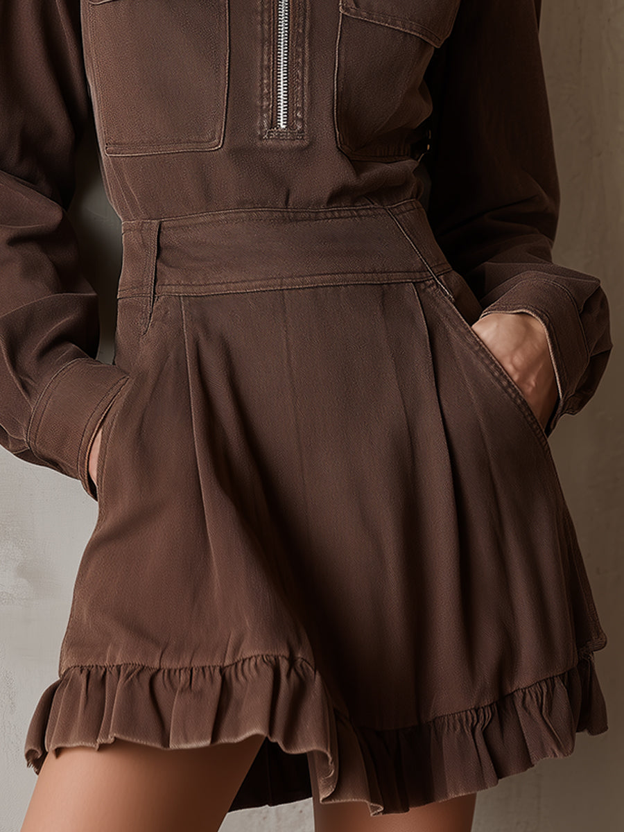 Retro Washed Half-zip Ruffled Hem Denim Mini Dress