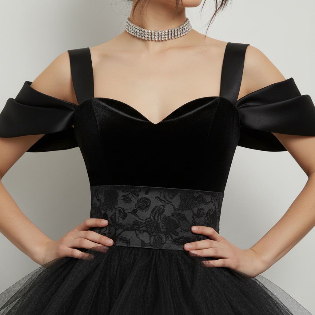 Black Velvet & Tulle High-Low Gown with Lace Accents