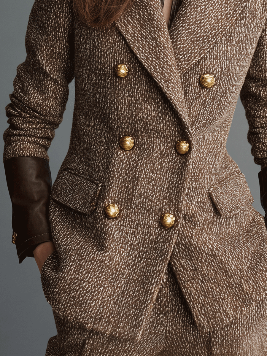 Heritage Tweed Double-Breasted Leather Cuff Detail Jacket
