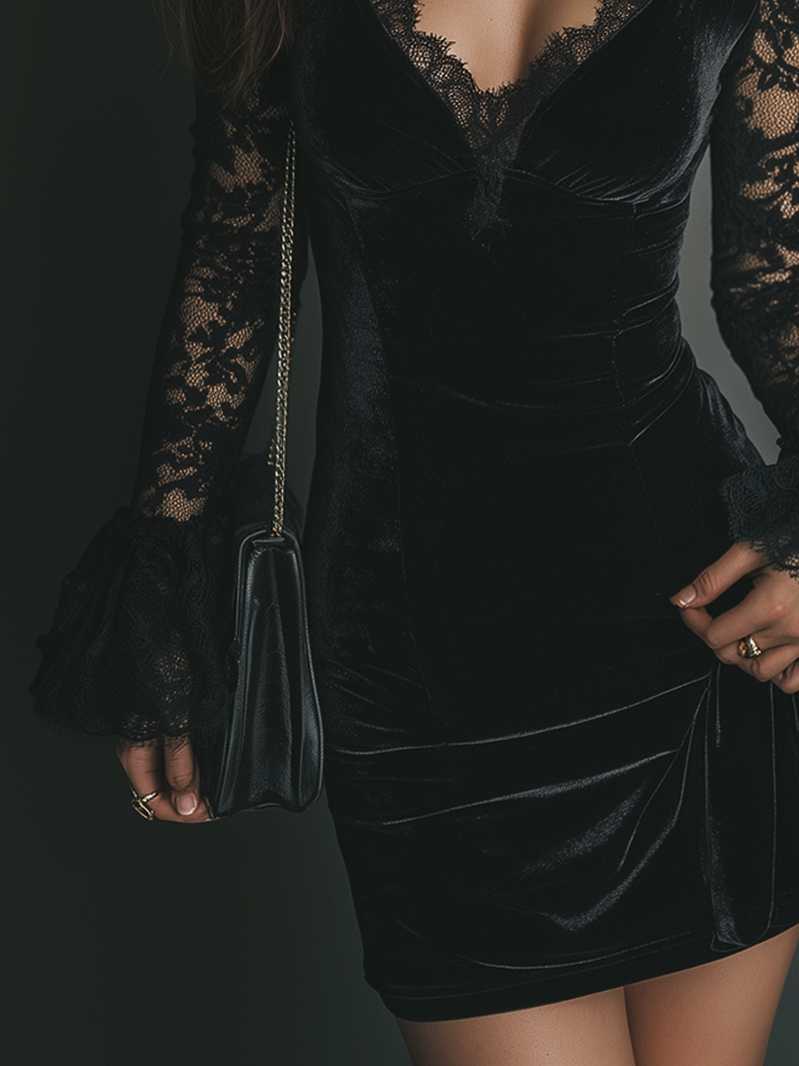 Romance Midnight Velvet Lace Bell-Sleeve Mini Dress