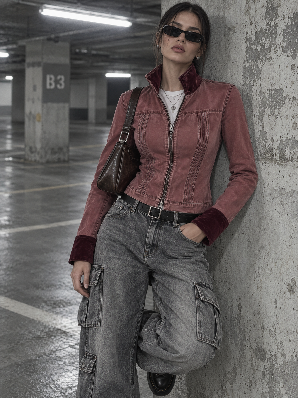 Boho Dusty Rose Fitted Zip-Up Jacket with Burgundy Velvet Collar