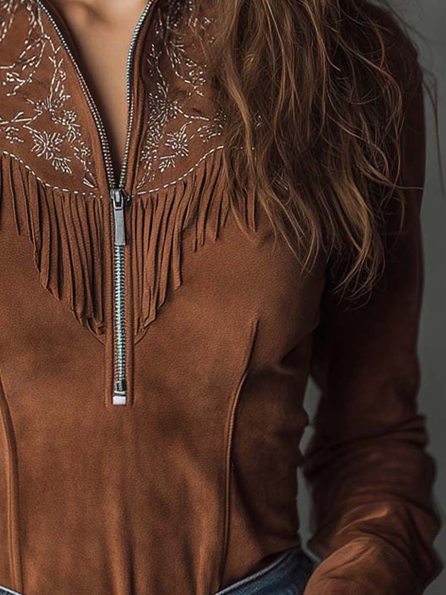Vintage Suede Fringe Embroidered Zip-Up Top