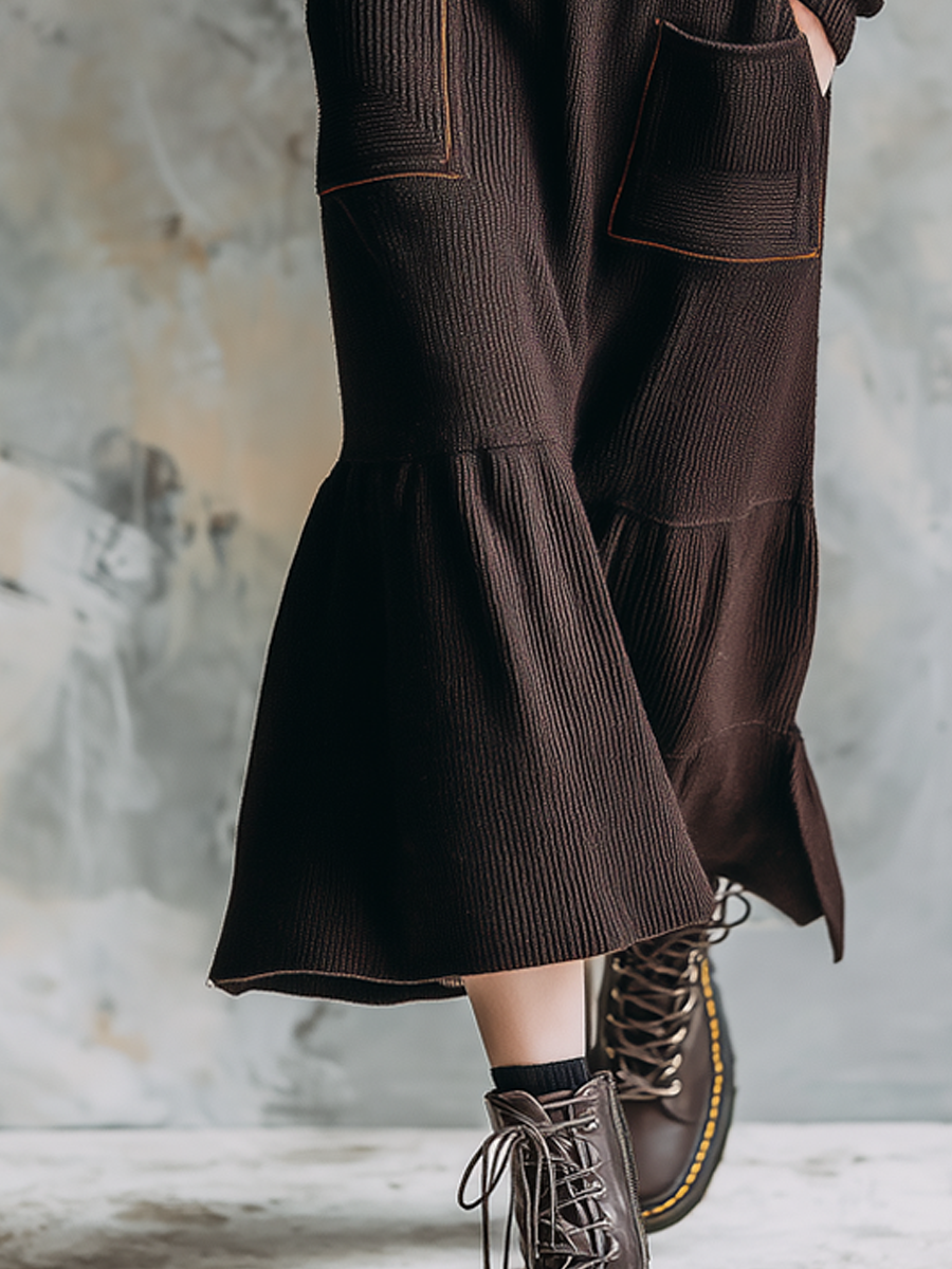 Retro Zipper Contrast Color Trim Pocket Wool Midi Dress