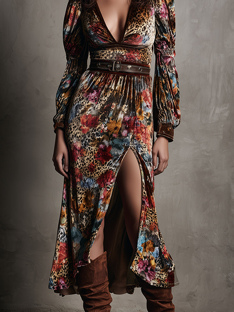 Exotic Elegance Sahara Bloom Velvet Slit Maxi Dress
