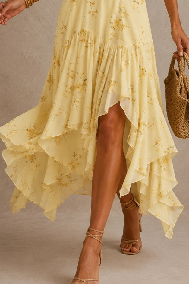 Yellow Floral Chiffon Handkerchief Midi Dress
