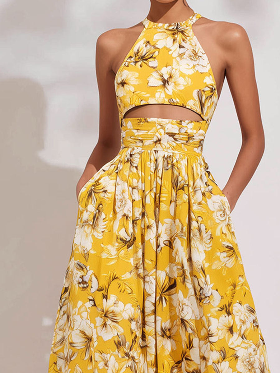 Boho Halter Yellow Botanical Print A-Line Cutout Midi Dress With Pockets