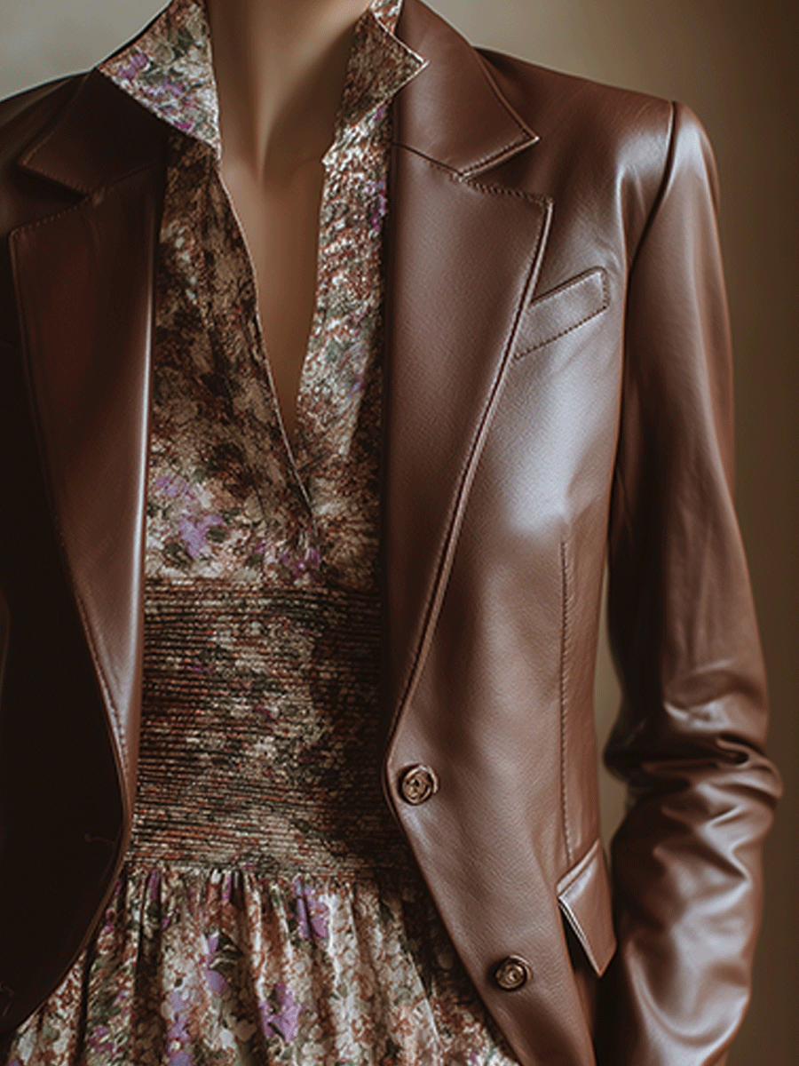 Vintage Dark Brown Slim Fit Faux Leather Blazer