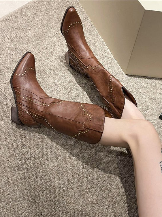 Retro Rivet Western Cowboy Boots V-neck Pointed Toe Thick Heel High-top Knee-high Knight Boots