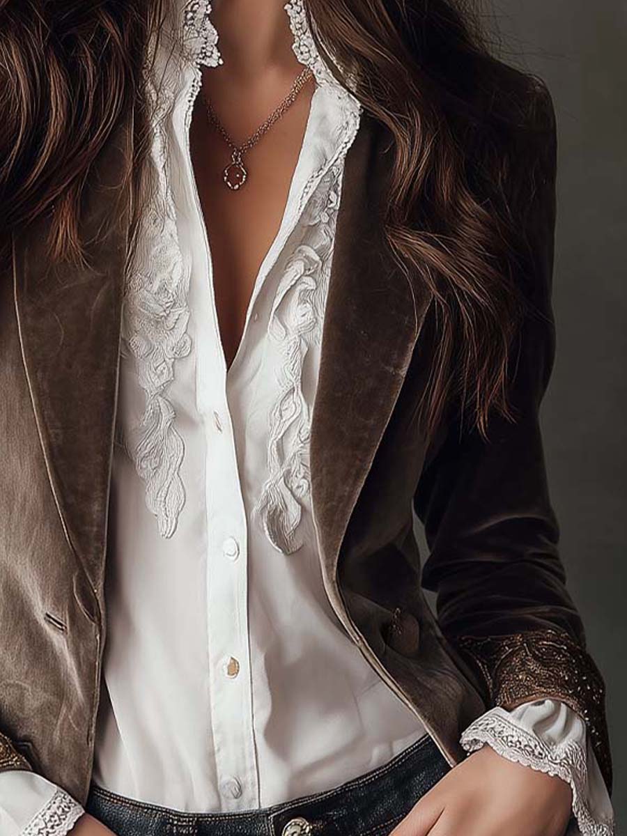 Mink Taupe Embroidered Polyester Velvet Blazer