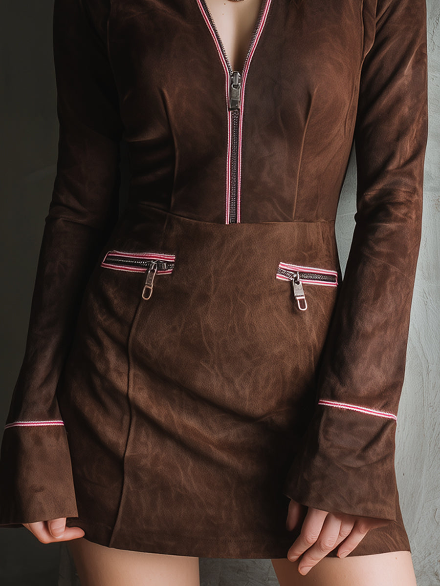 Retro Suede Contrast Half-zip Mini Dress