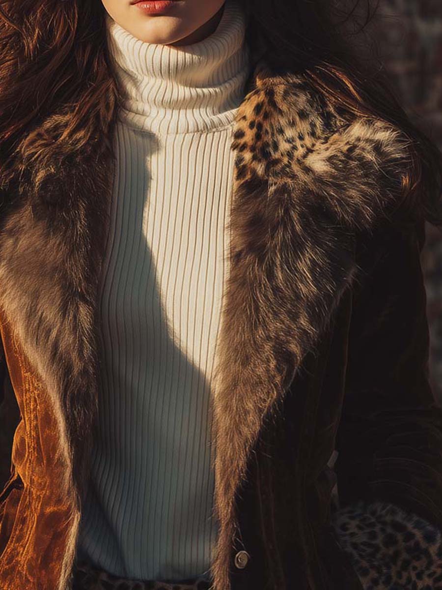 Leopard Trim Eco-Suede Fur Jacket – Amber Brown