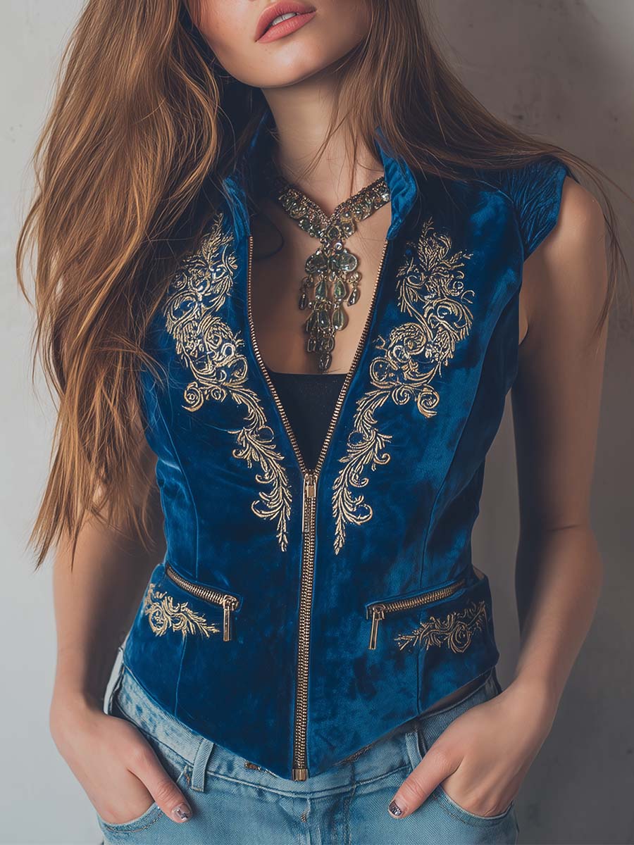 Zippered Boho Royal Blue Embroidered Velvet Vest