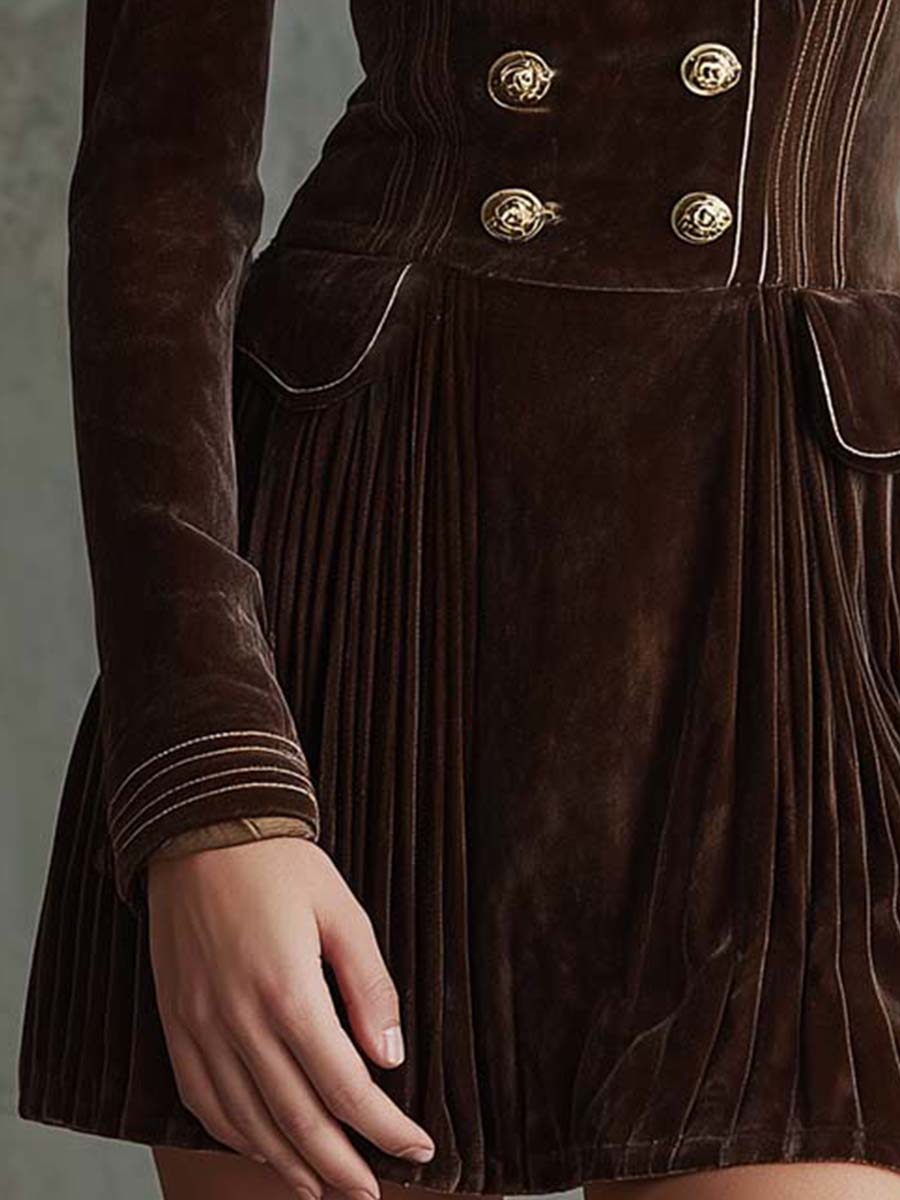 Double Breasted Elegant Vintage Brown Velvet Blazer Dress