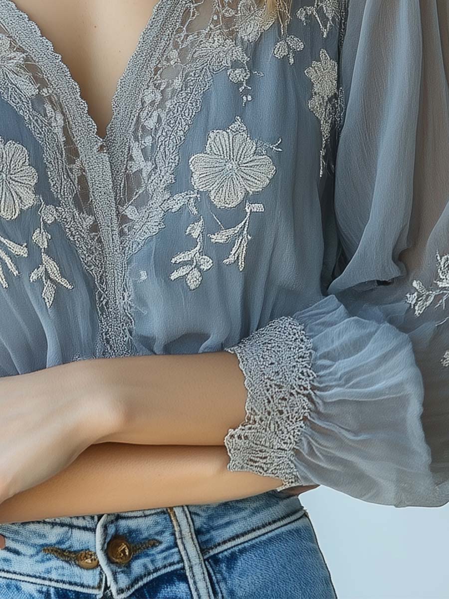 Bohemian Sheer Embroidered Lace Blouse