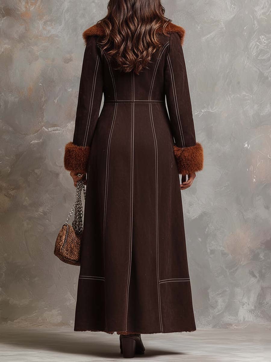 Chocolate Brown Faux Suede Long Coat With Fur Trim – Toscana Winter Luxury