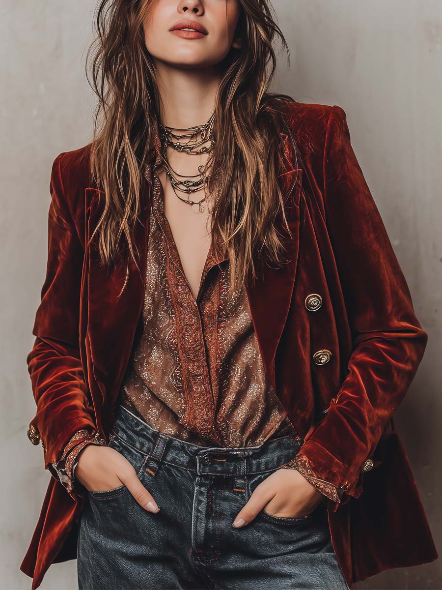 Retro Burnt Red Velvet Fitted Blazer