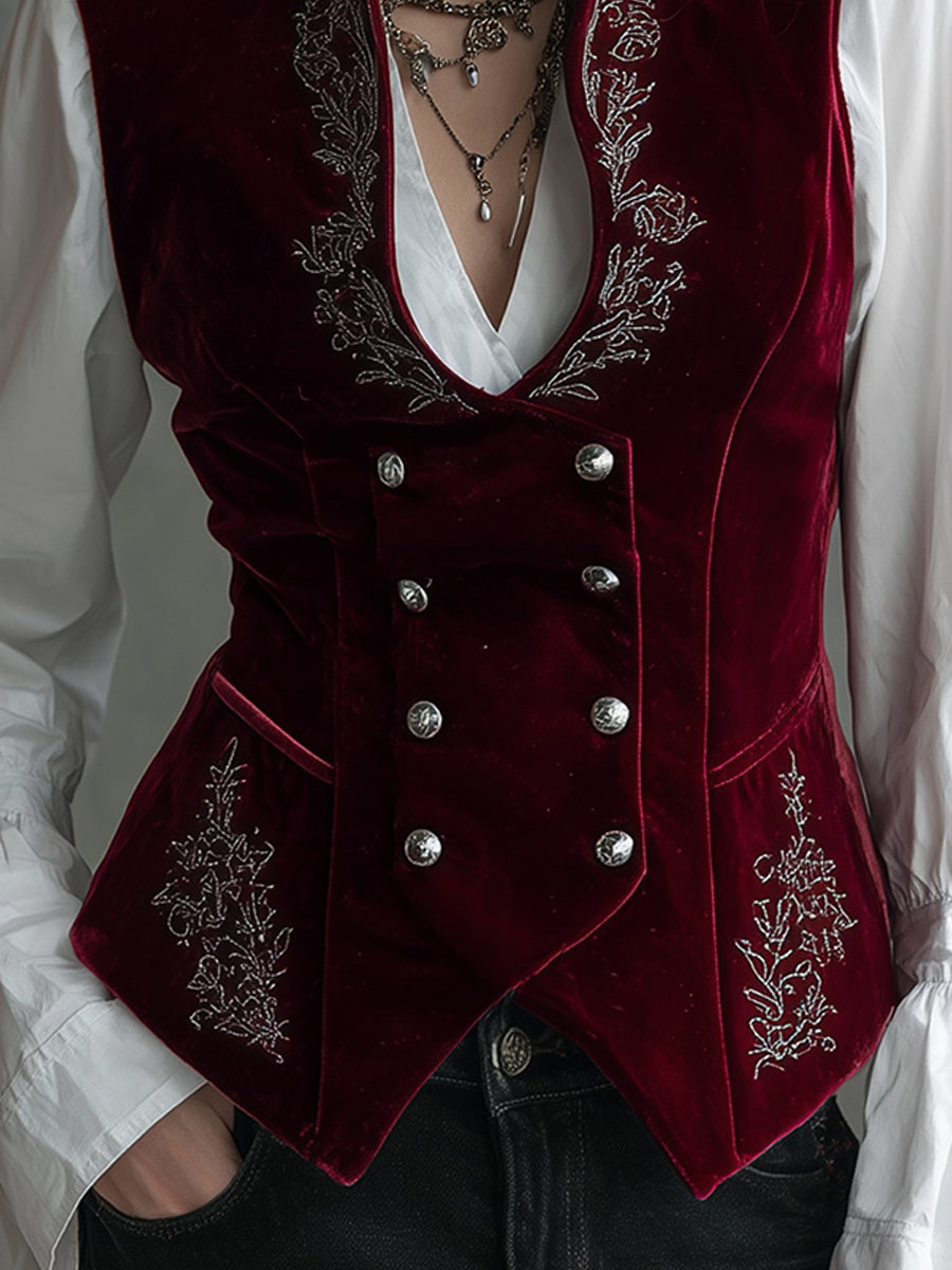 Elegant Stand-collar Double-breasted Polyester Velvet Embroidered Vest