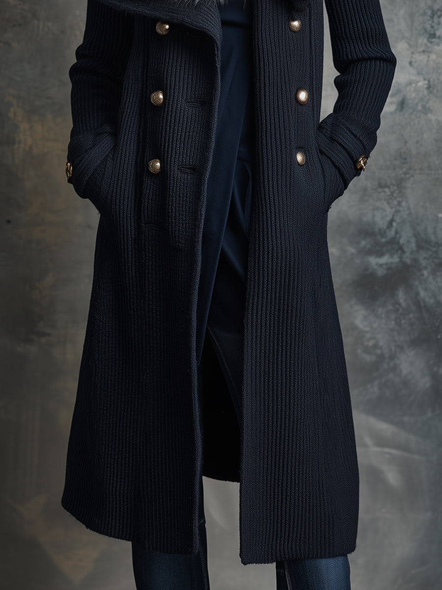 Quiet Luxury Ribbed Knitted Large Lapel Removable Fur Collar Coat