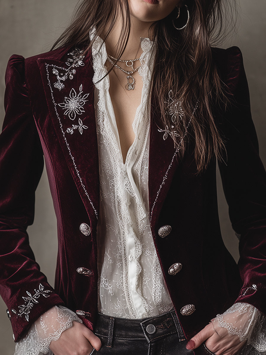 Elegant Puff Sleeve Embroidered Velveteen Jacket