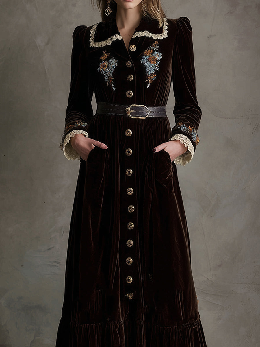 Elegant Lace Velvet Embroidered Ruffle Hem Midi Dress With Belt