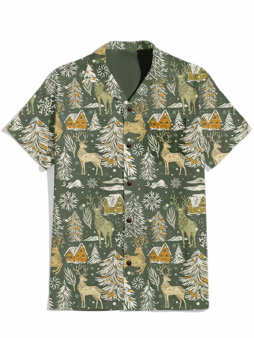 Snowy Village Celebration - 100% Cotton Cuban Collar Shirt