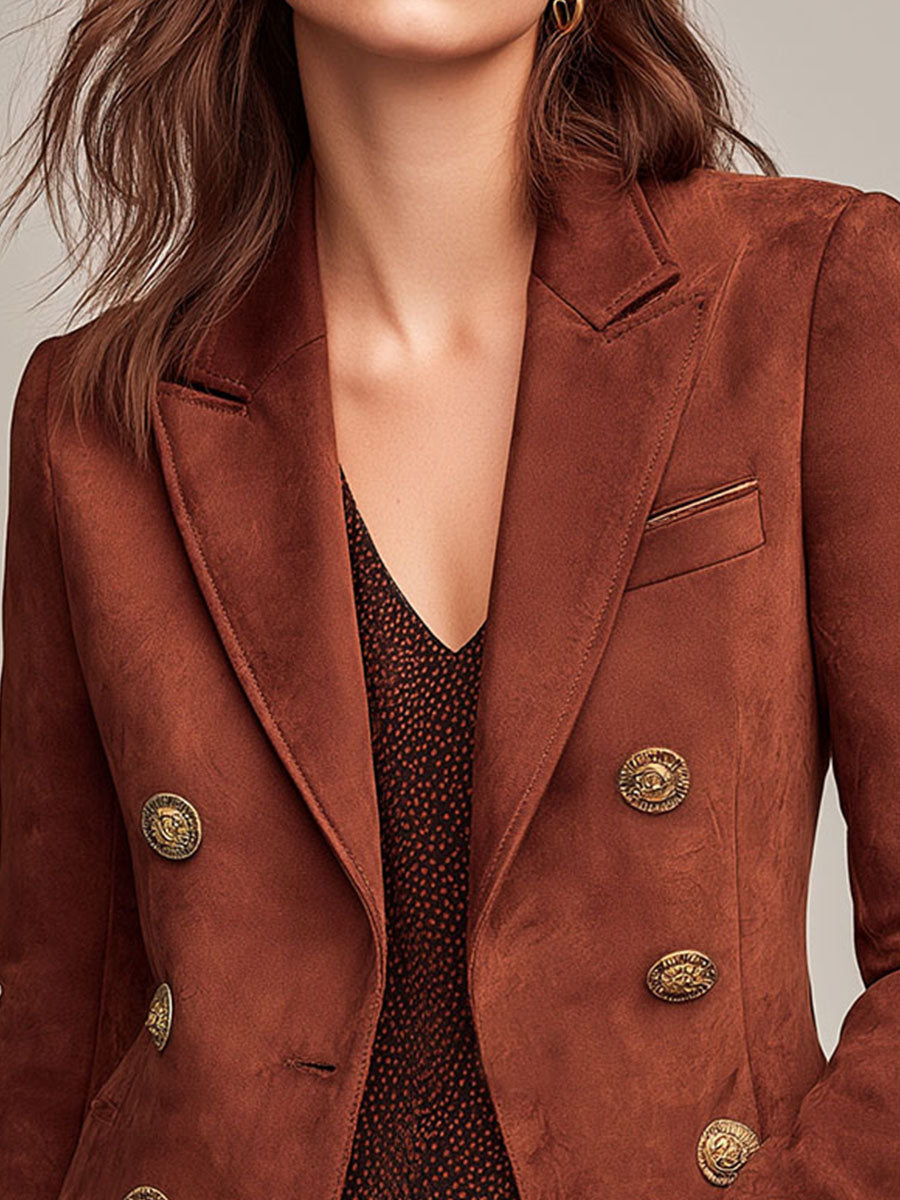 Vintage Double-Breasted Suede Blazer With Gold Buttons
