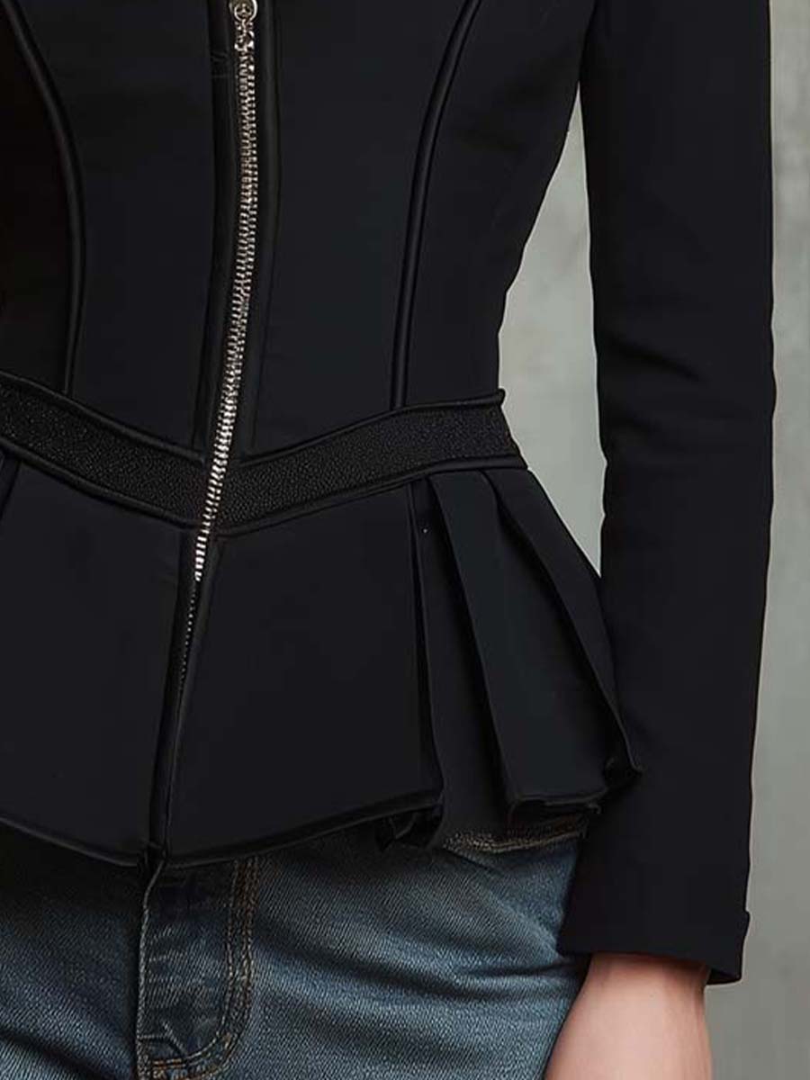 Structured Peplum Jacket With Textured Fringe Collar