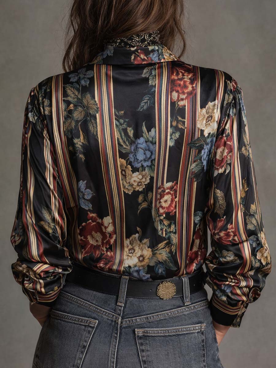 Vintage Boho Floral Stripe Blouse